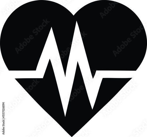 Stylized Black Heart with White Heartbeat Line Symbolizing Health Love and Vitality Set Against a Clean White Background Simple and Modern Design Graphic Illustration