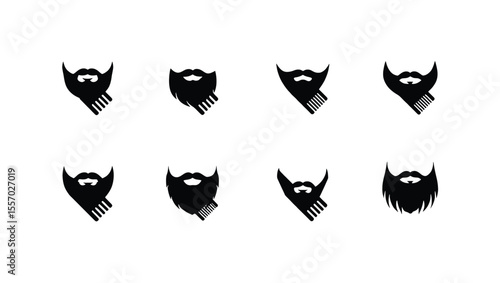 Vector art of eight different beard styles illustrated as black icons with combs, isolated on white background
