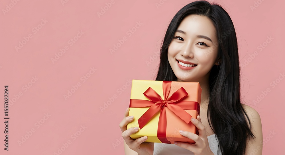 Happy Woman Holding a Gift Box on Pink Background Happy Woman Holding a Gift Box on Pink Background