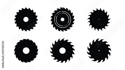 Vector art of six different circular saw blades, isolated on white background, depicted as black silhouettes, ideal for industrial or construction themes