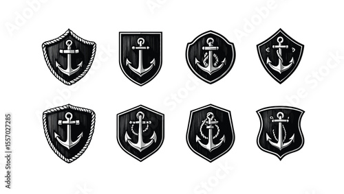 Vector art of twelve anchor icons inside various shields, isolated on white background, with rope details, ideal for nautical or marine themes