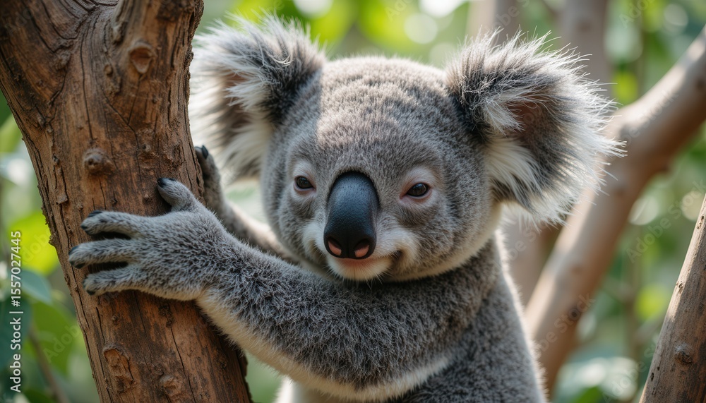 Naklejka premium Koala perched on tree branch in sunlight