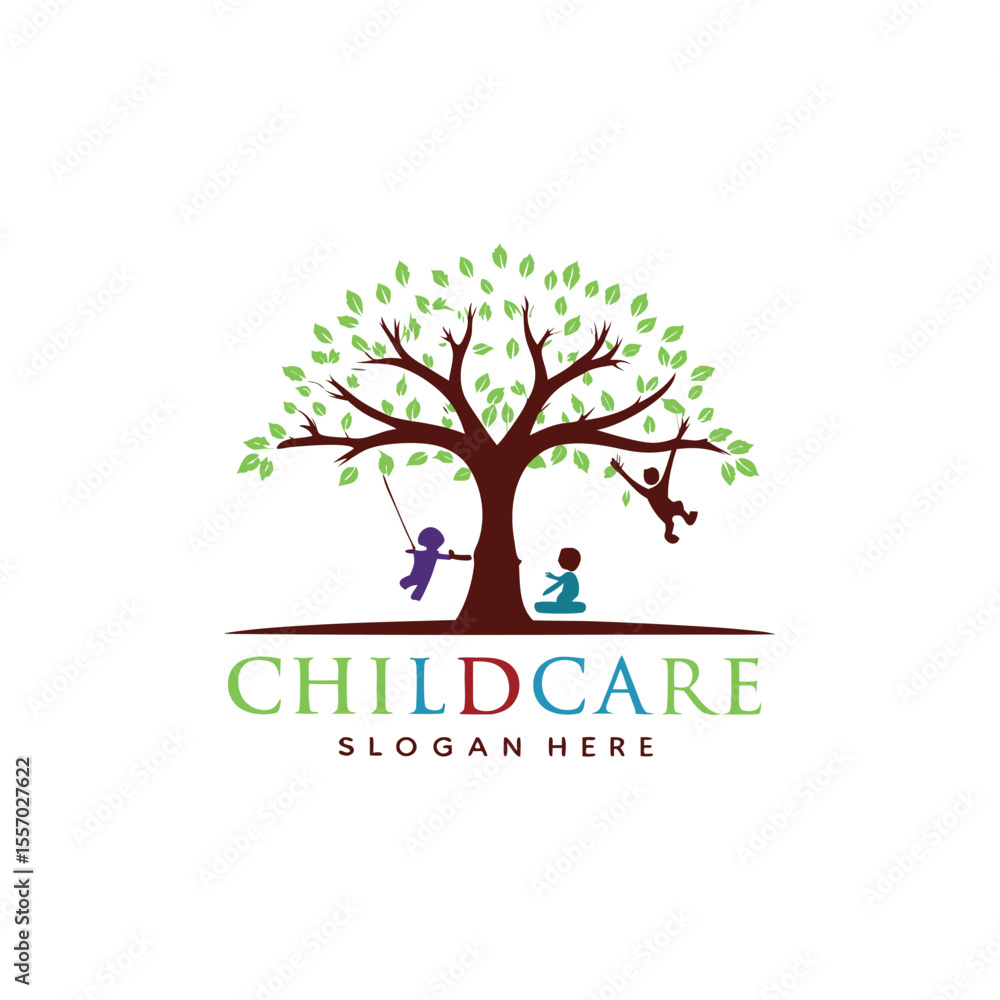 Fototapeta premium Childcare vector logo featuring institution of caring and protecting children with warmth and playful nature 