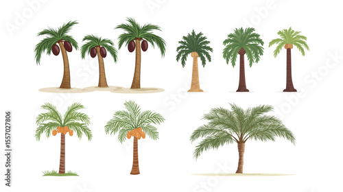 Single date palm tree with detailed fronds and trunk on white background, minimalist tropical plant illustration perfect for botanical designs, Middle Eastern themes, agriculture concepts, 