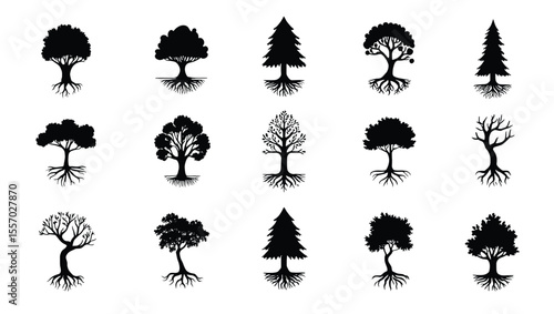 Vector art of twenty four different tree silhouettes with roots, isolated on white background