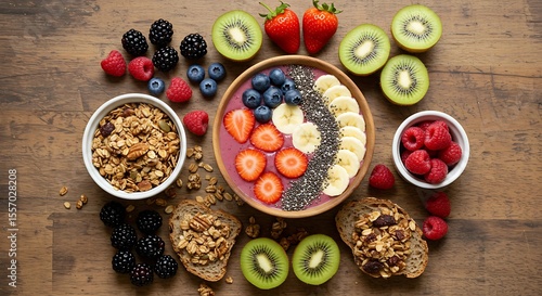 Delicious and Healthy Smoothie Bowl with Fresh Berries, Banana, and Kiwi