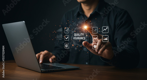 Man Interacting with Digital Hologram on Laptop in Dark Room Business Concept Technology Future Innovation and Data Communication Through Online Network