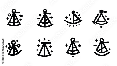 Vector art of a set of twelve detailed sextant icons, isolated on white background, each with a unique style and design, perfect for nautical or exploration themes