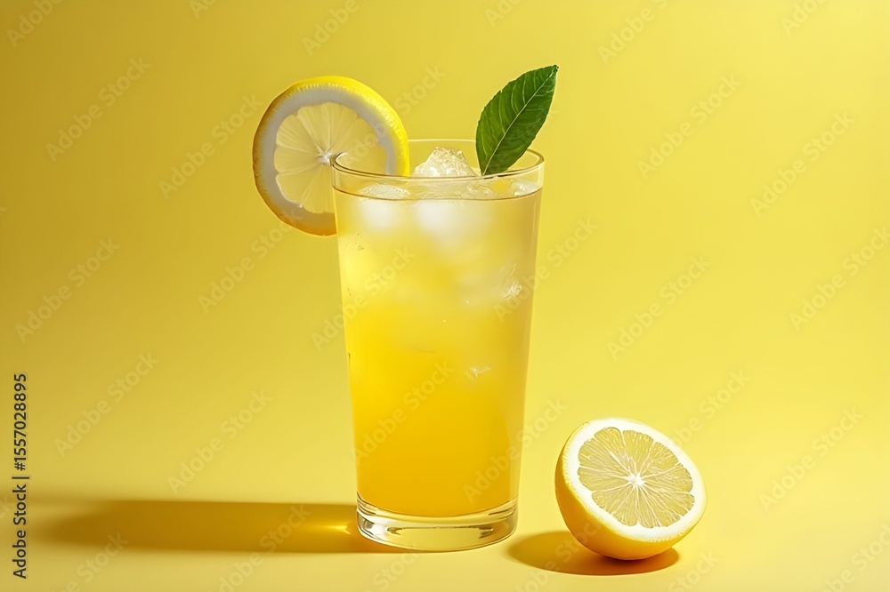 Fototapeta premium Iced lemonade in a glass with fresh yellow lemon. Beverage menu concept