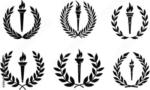 Vector art of six laurel wreaths with torches isolated on white background