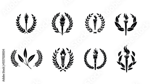 Vector art of eight elegant torch and laurel wreath icons, isolated on white background, symbolizing victory and achievement, perfect for award ceremonies or sports events