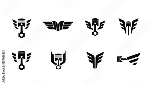 Vector art of a set of eight unique piston and wings icons, isolated on white background, symbolizing speed and power, ideal for automotive or racing logos