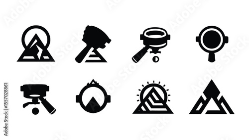 Vector art of a collection of eight distinct coffeethemed icons, isolated on white background, featuring espresso machines, tampers, and mountain scenery, perfect for coffee shop branding