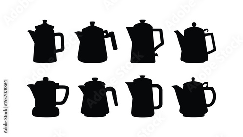 Vector art of eight different coffee pot silhouettes, isolated on white background, offering a variety of styles for kitchen or cafe designs