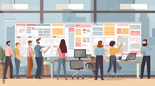 Agile project sprint planning concept. Team lead organizing tasks and sprints using agile board software on computer.