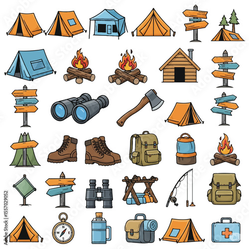Camping icons vector set: illustrations for travel and summer holiday design