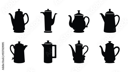 Vector art of a set of eight coffee and tea pot silhouettes isolated on white background