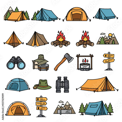Vector illustration set of outdoor summer camp and travel icons for nature adventures