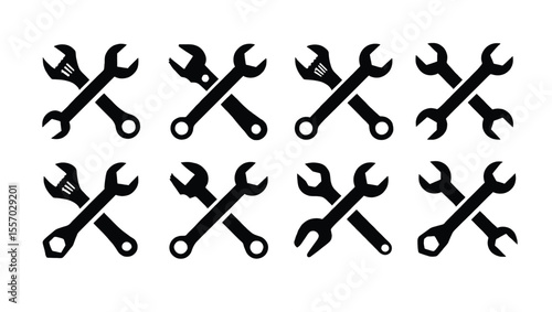 Vector art of collection of eight crossed wrench icons isolated on white background, ideal for repair shop logo