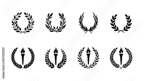 Vector art of a set of eight black vector wreaths and torches isolated on white background