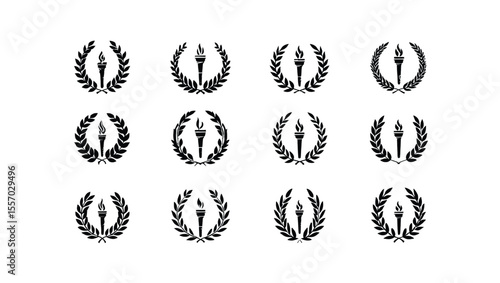 Vector art of twelve elegant laurel wreath icons with torches, isolated on white background, symbolizing victory, achievement, and success