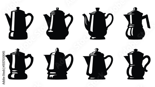 Vector art of collection of eight different coffee pots, isolated on white background