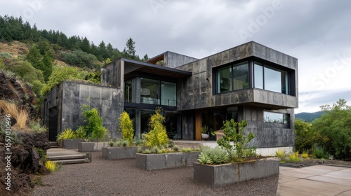 Boxy hillside house in volcanic stone smoked glass afternoon overcast lighting for soft contrast micro shadows around gravel