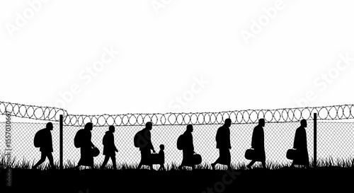 Fotografía Silhouetted People Walking Near Barbed Wire Fence Monochrome