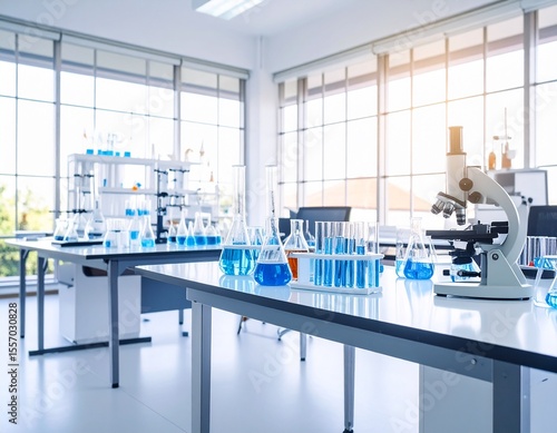 A bright, modern lab interior with a microscope and multiple flasks and test tubes containing blue and orange chemicals, organized on clean workbenches