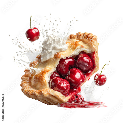 3d cherry pie bursting open with filling flying outward isolated on white background