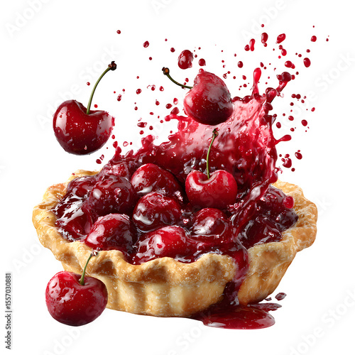 3d cherry pie bursting open with filling flying outward isolated on white background