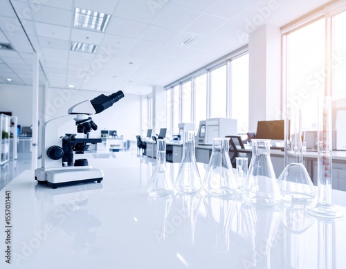 A bright and modern laboratory with a microscope and clear glassware neatly arranged on a white workbench, illuminated by sunlight through tall windows
