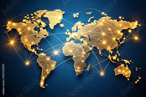 Fototapeta Naklejka Na Ścianę i Meble -  A golden map of the world is elegantly connected by glowing lines, representing global networks and communication