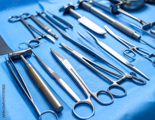 A complete set of stainless-steel surgical instruments placed on a sterile blue drape, ready for medical use