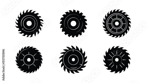 Vector art of six different types of circular saw blades are isolated on white background