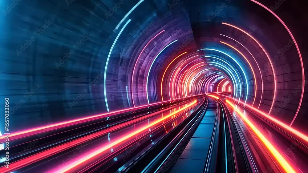 Vibrant neon tunnel with glowing lights and tracks, creating a futuristic atmosphere Vibrant neon tunnel with glowing lights and tracks, creating a futuristic atmosphere