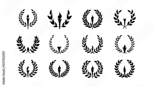 Vector art of twelve laurel wreaths with torches icons isolated on white background