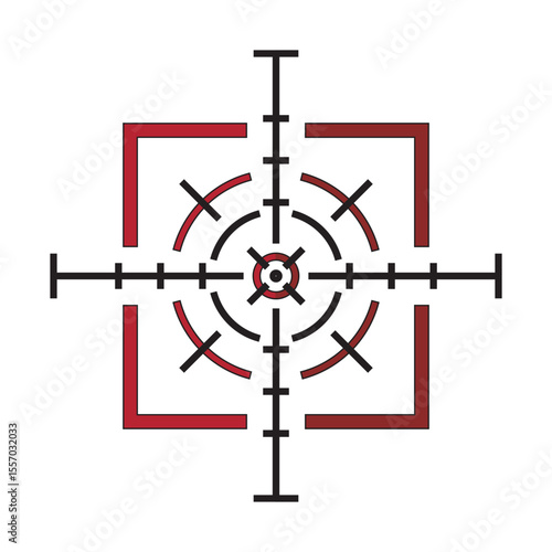 Detailed digital crosshair icon with geometric symmetry and red accents, ideal for gaming HUDs, UI elements, scopes, aiming systems, and precision interface design in tech or military visuals.