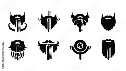 Vector art of eight stylish barber logos isolated on white background, featuring beards and combs in various designs