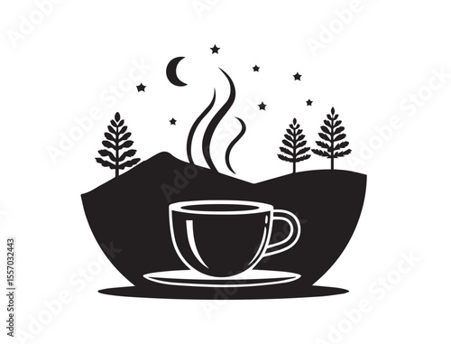 Silhouette of a steaming tea cup in black with rounded shape, minimal flat vector style, warm drink symbol for cafes and relaxation, isolated on transparent PNG background

