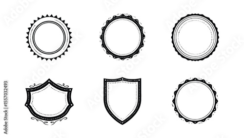 Vector art of set of eight elegant badges and labels isolated on white background, featuring circular and shield shapes with blank spaces for text