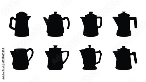 Vector art of eight coffee pot silhouettes isolated on white background, a collection of vector icons for kitchen and cafe design