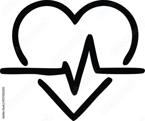Stylized Heart with Fainting Heartbeat Line in Black and White Depicting a Medical Issue or a Metaphorical Expression of Emotional Distress or Health Crisis