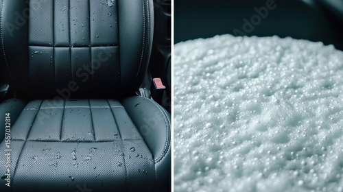 Close-up of a car seat with water droplets and a detailed view of dense foam bubbles on the surface.