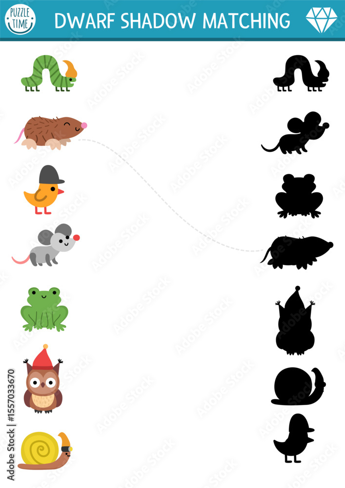 Obraz premium Dwarf shadow matching activity with forest animals and insects. Fairytale puzzle with mole, bird, frog, mouse, snail. Find correct silhouette printable worksheet, game. Magic forest page for kids