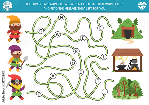 Dwarf maze for kids with elf miner, forester, blacksmith and letters. Fairytale preschool printable activity. Fantasy labyrinth game or puzzle. Lead gnomes to work and read the message
