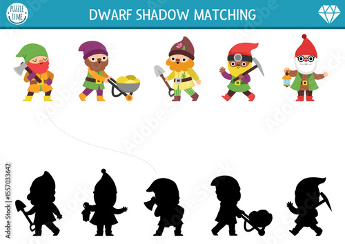 Shadow matching activity with cute dwarfs. Fairytale puzzle with gnome gardener, lumberjack, miner. Find correct silhouette printable worksheet or game. Magic forest page for kids