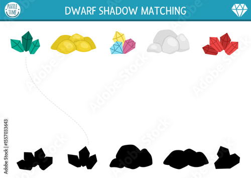 Dwarf shadow matching activity with precious stones and metals. Fairytale puzzle with gold, silver, ruby, emerald. Find correct silhouette printable worksheet, game. Magic gnome page for kids