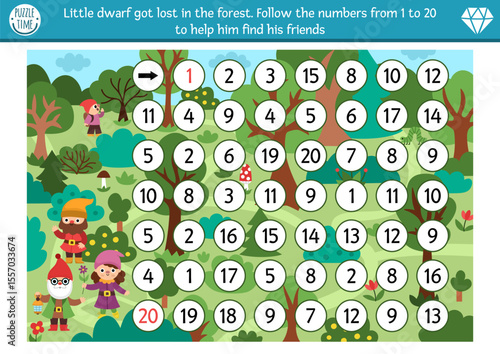 Math game with cute little dwarf lost in forest. Fairytale or magic woods mathematic maze activity for preschool kids. Connect numbers from 1 to 20 in order to help gnome find his friends