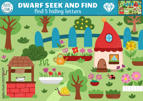 Vector dwarf searching game with magic garden landscape. Spot hidden letters in the picture. Simple ABC fairytale seek and find educational printable activity for kids. Alphabet worksheet